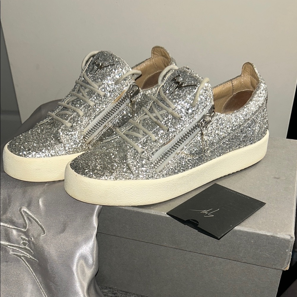 Giuseppe Zanotti Silver Glitter Sneakers Sleek Slip-On